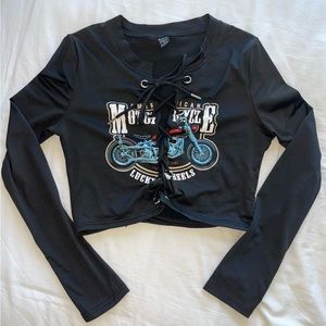 Motorcycle & Letter Graphic Lace Up Top Black